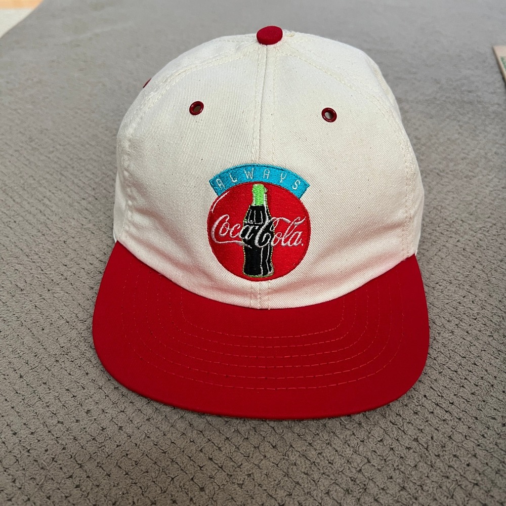 Vintage 1990s Coca Cola Always‎ Classic Snapback Hat Cream Red Made in USA